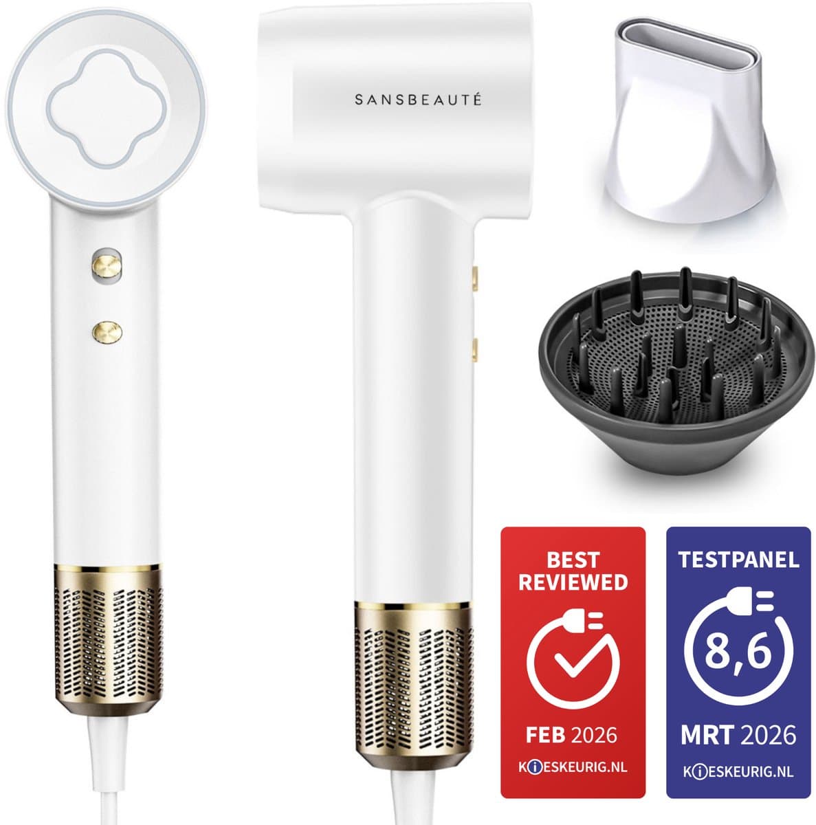 Sansbeauté® Föhn met Diffuser - Krullen - 110.000RPM - Ionische Haardroger met Borstel - 3 Standen - 3 Opzetstukken - Reisföhn - Sèche Cheveux - Krul Feun Set - Haarföhn met Defuser - Hair Blow Dryer - Kappersfohn - 2000W