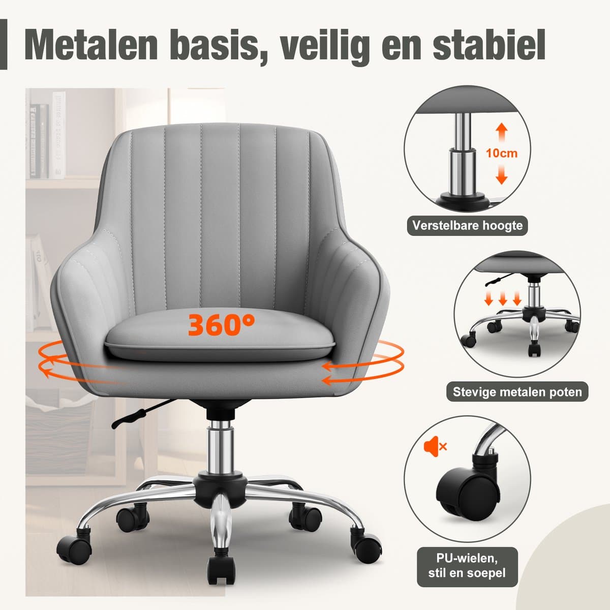 Hiaonyx Bureaustoel-Ergonomische bureaustoel-bureaustoelen voor volwassenen-Dubbel gelaagd zitkussen-360 graden draaibaar-Metalen onderstel-Grijs thumbnail 3