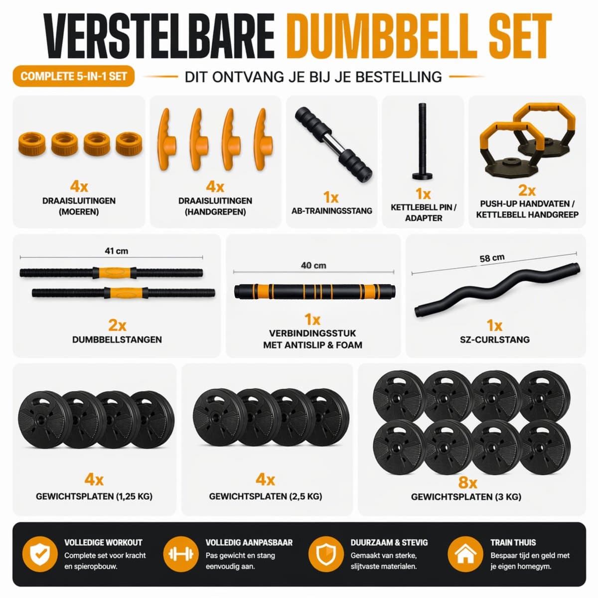 Gewichten Set voor Dumbbells Barbell en Kettlebells - 40KG Verstelbare Halterset met Extra Veiligheidsmoer & Slot - Thuis Fitness thumbnail 6