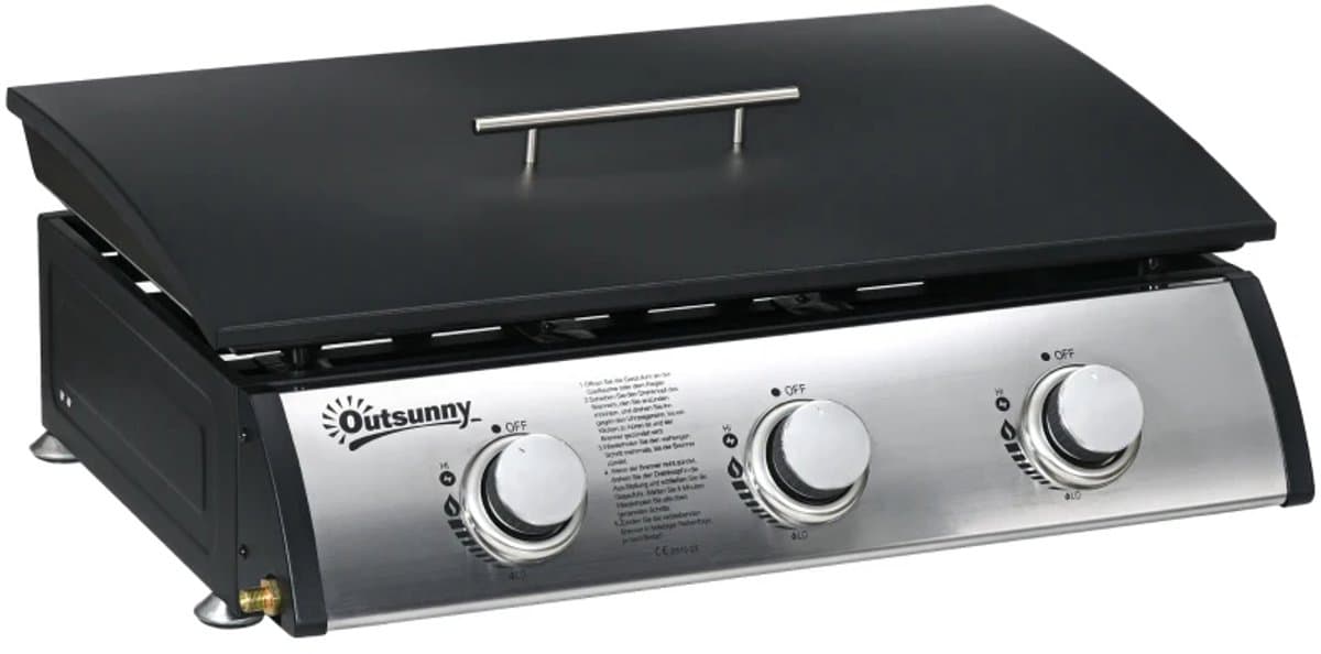 Gasbarbecue - Tafelmodel Gasbarbecue en Gasgrill - 3 Branders - 7,5 kW - met Deksel, Vetopvangbak, Antiaanbakplaat - 63 x 47 x 25 cm - Zwart + Zilver