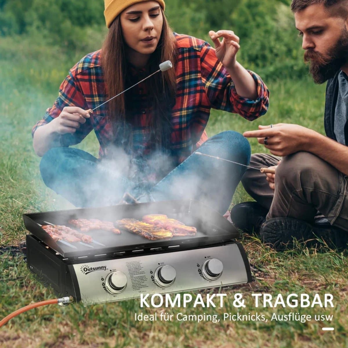 Gasbarbecue - Tafelmodel Gasbarbecue en Gasgrill - 3 Branders - 7,5 kW - met Deksel, Vetopvangbak, Antiaanbakplaat - 63 x 47 x 25 cm - Zwart + Zilver thumbnail 7