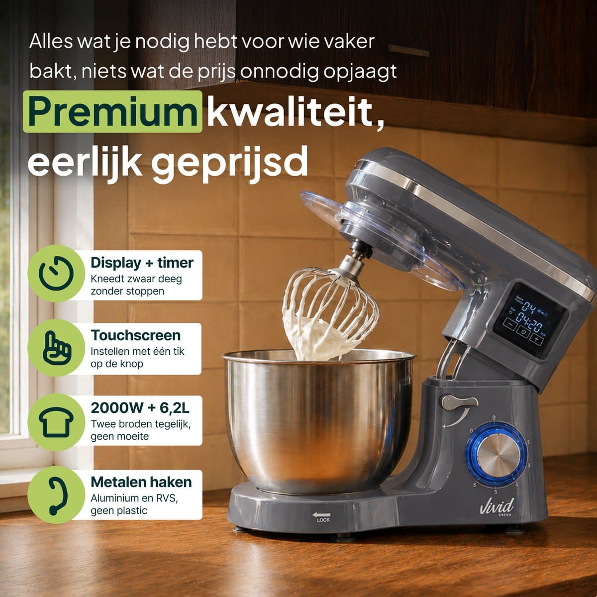 Vivid Green 2000W Keukenrobot - 6.2L - Display & Instelbare Timer - Mixer met Mengkom - Keukenmachine - Keukenmixer - Grijs thumbnail 2