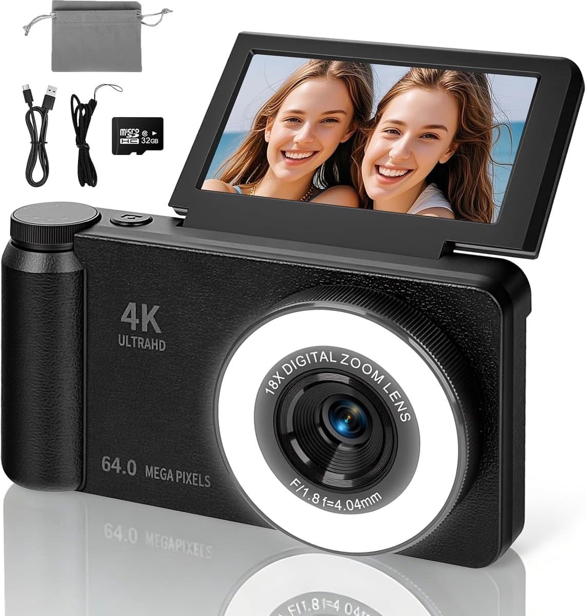 4K 64MP Digitale Camera - Beauty Licht - Fotocamera - Compact Camera - Vlog Camera - Fototoestel - 180° Flip Scherm - Autofocus - 18X Zoom - Vlog Camera met 32GB Kaart