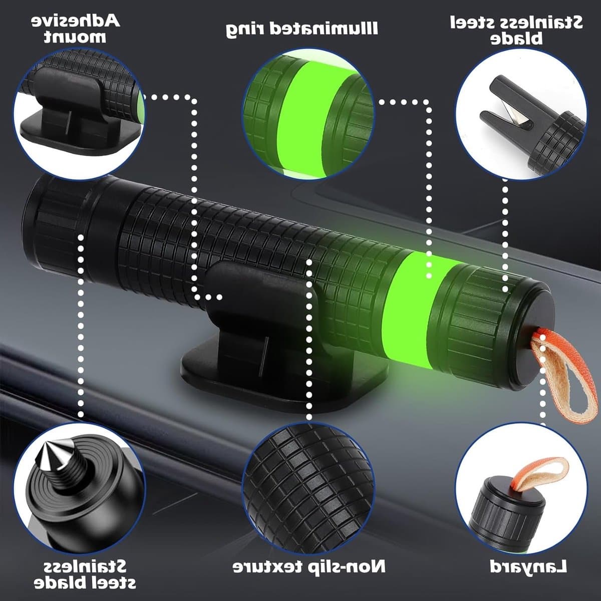 Noodhamer met Gordelsnijder en Glasbreker, Veiligheidsapparaat voor Auto met Lichtring en Testglas, Ideaal voor Noodsituaties en Ongevallen thumbnail 6