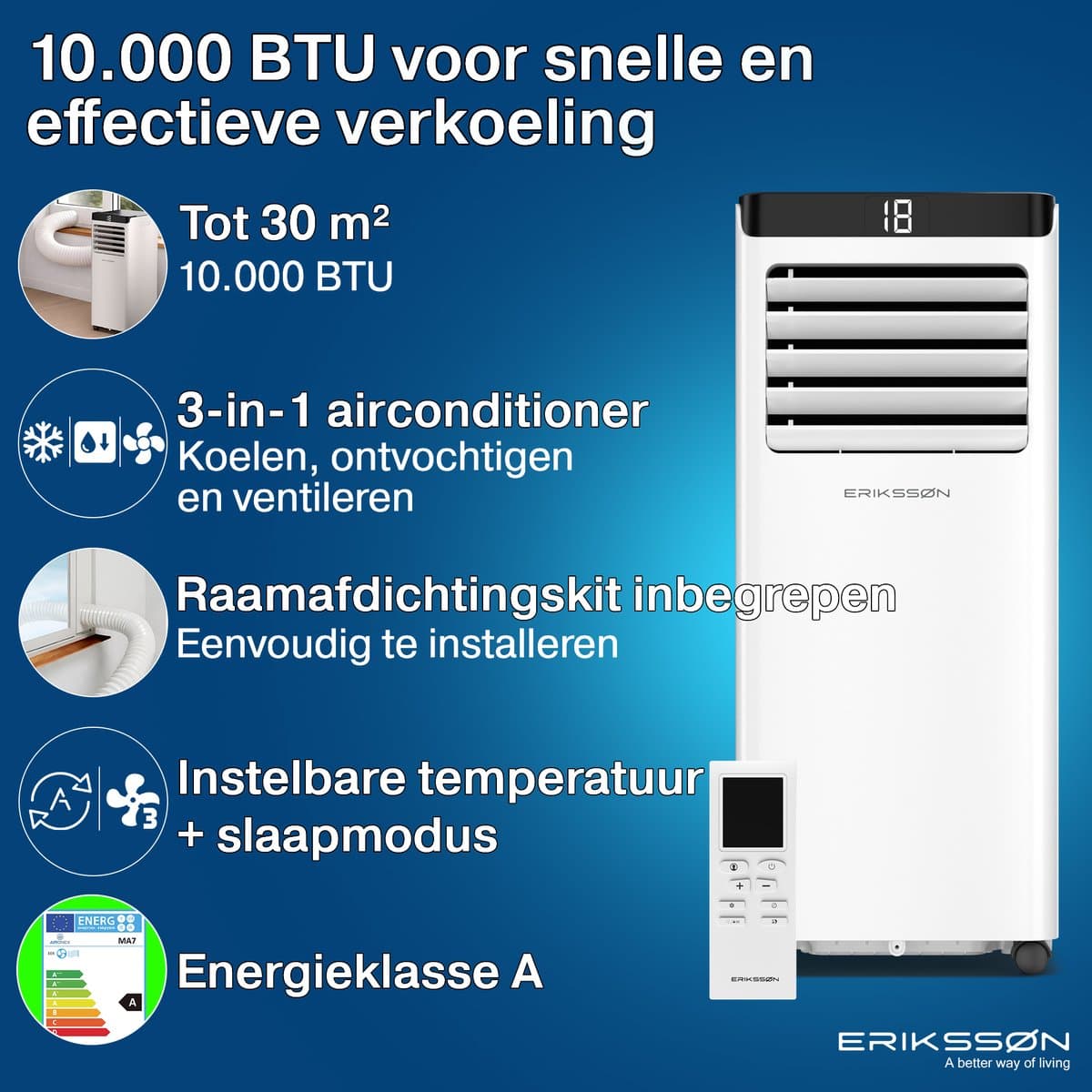 Erikssøn Mobiele Airco - 10.000 BTU - Incl. Raamafdichtingskit - Tot 30m² - 4-in-1 - Airconditioning - Ventilator - Ontvochtiger - Wit thumbnail 3