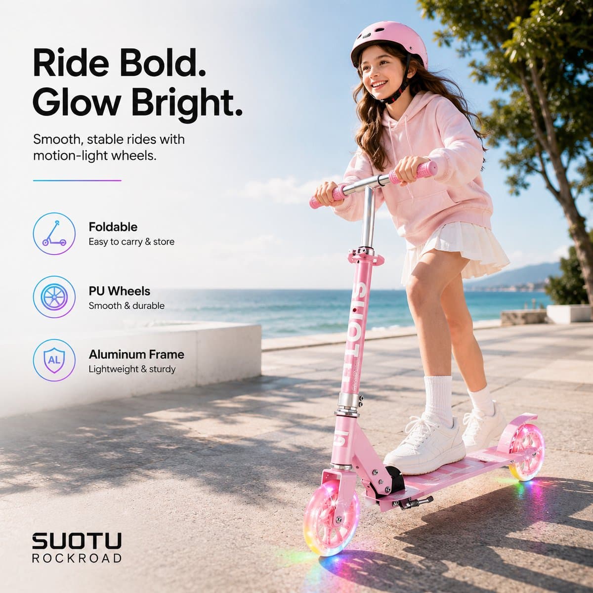 Suotu Kinderstep - 145mm Lichtgevende Wielen - Step - Speelgoed Jongens/Meisjes - Max stuurhoogte: 85 cm - Aluminium - Roze thumbnail 7