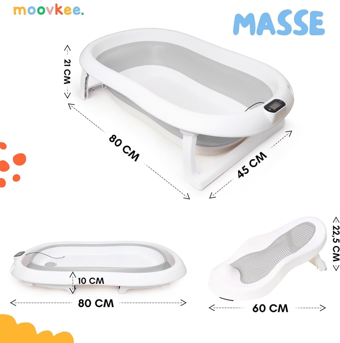 moovkee. Opvouwbaar Babybad 80 cm Grijs - Babybadewanne met Thermometer en Badesitz - Antislip Draagbare Babybadkuip voor 0-36 Maanden thumbnail 5