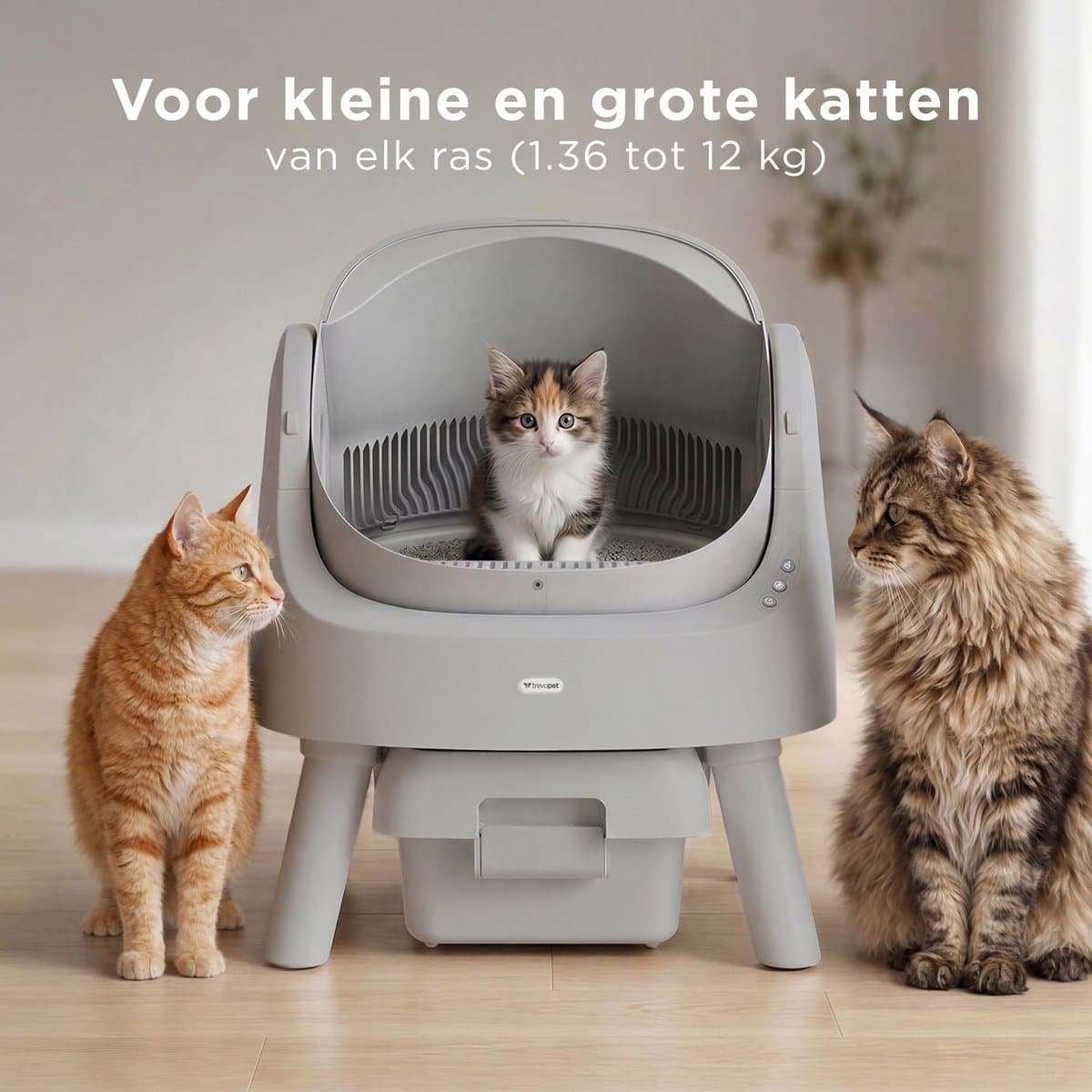 TrevoPet® Automatische Kattenbak - Zelfreinigend & Veilig - Voor Katten tot 12KG - Incl. Mat, 60 Afvalzakjes & Accessoires - 10L Afvalbak - Grijs thumbnail 4