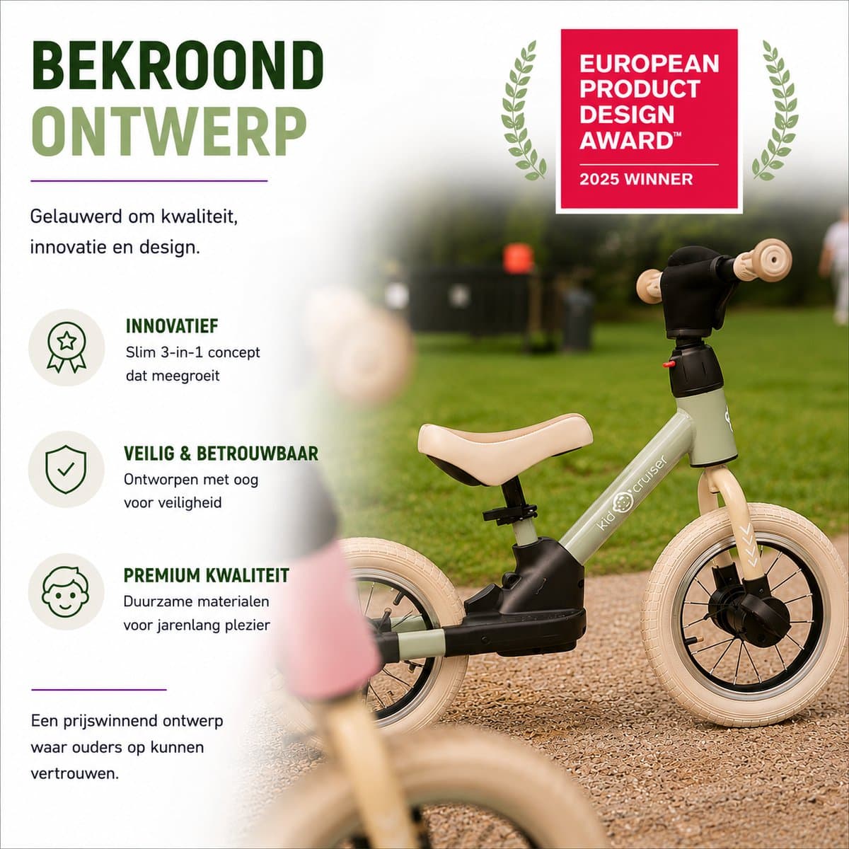 Kidcruiser Loopfiets 2+ jaar - Optioneel met LED Zijwieltjes & Trappers - 3-in-1 Kinderfiets - 12 inch – Zacht Groen & Creme wit – Modulair Design thumbnail 8