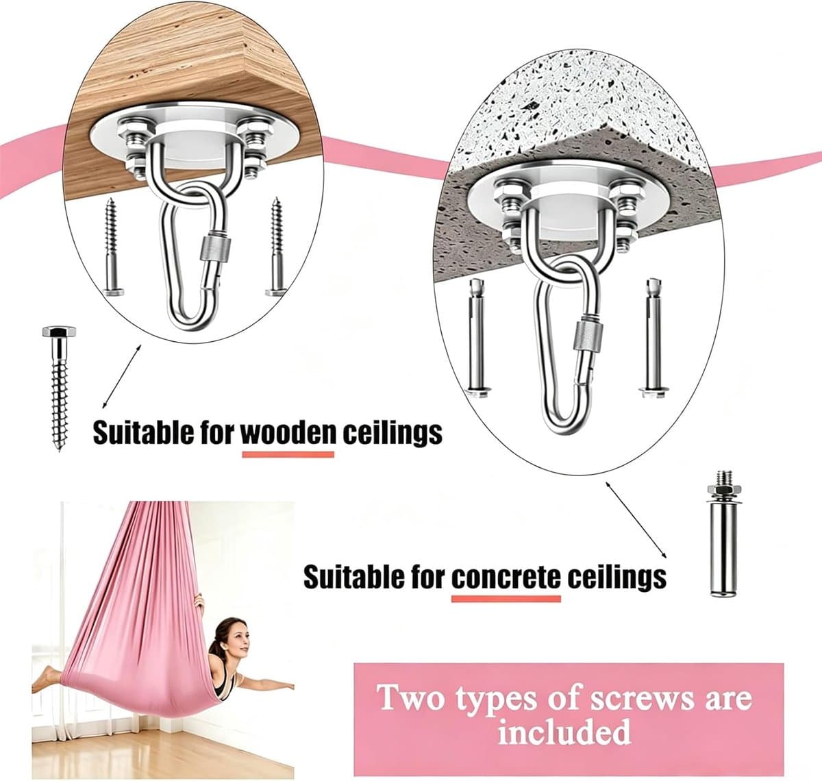 Yoga hangmat - Aerial swing - Yoga Stretcher - met volledige installatie - hardware - Extra sterk doek - 280 x 150 cm - ideaal voor indoor en anti-zwaartekracht-oefeningen thumbnail 4