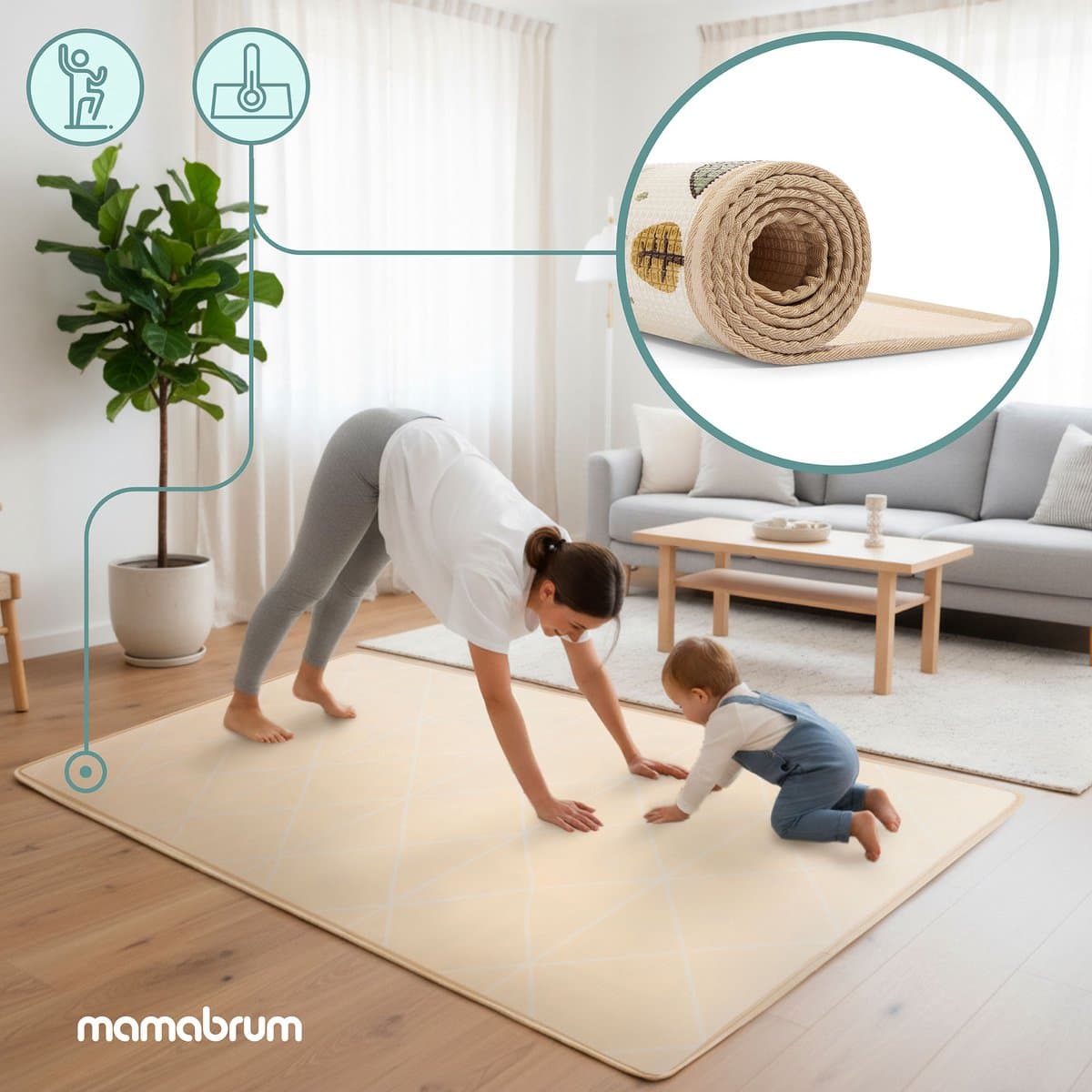 Mamabrum Dubbelzijdige Speelmat van Schuim 180x120 cm – XPE Speelkleed voor Baby’s en Kinderen – Stadje / Zandbeige thumbnail 4