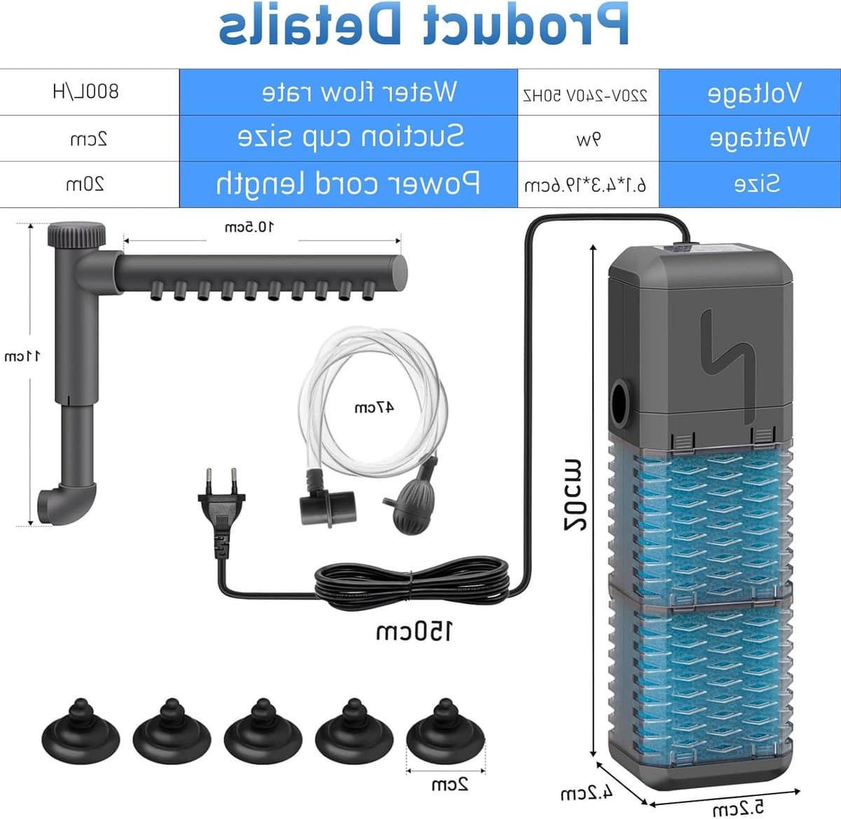 Verstelbare 800L/H Aquariumfilter Pomp - Stille Interne Filter voor Aquaria tot 250L met Spray Bar en Energiezuinige 9W Motor thumbnail 2