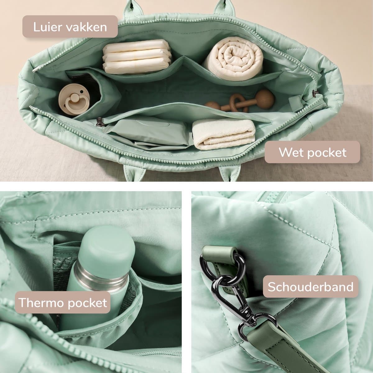 Mommsy Luiertas – Verzorgingstas – Mom Bag – Thermo Vak – Gewatteerde Puffer Stof – Mommy Bag – Extra Ruim – Waterafstotend – Organizer – Lichtgewicht – Groen thumbnail 6