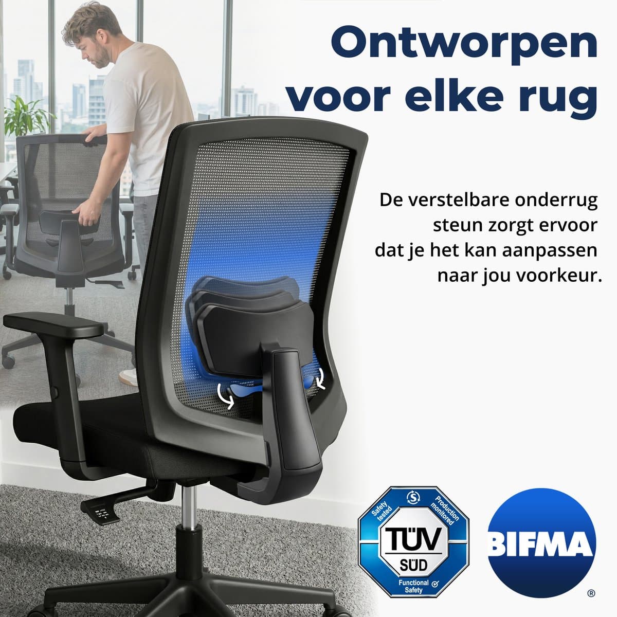 Backerz Ergonomische Bureaustoel - Bureaustoelen voor Volwassenen tot 140kg - Low Back Office Chair - NEN-EN1335 - Zwart thumbnail 4