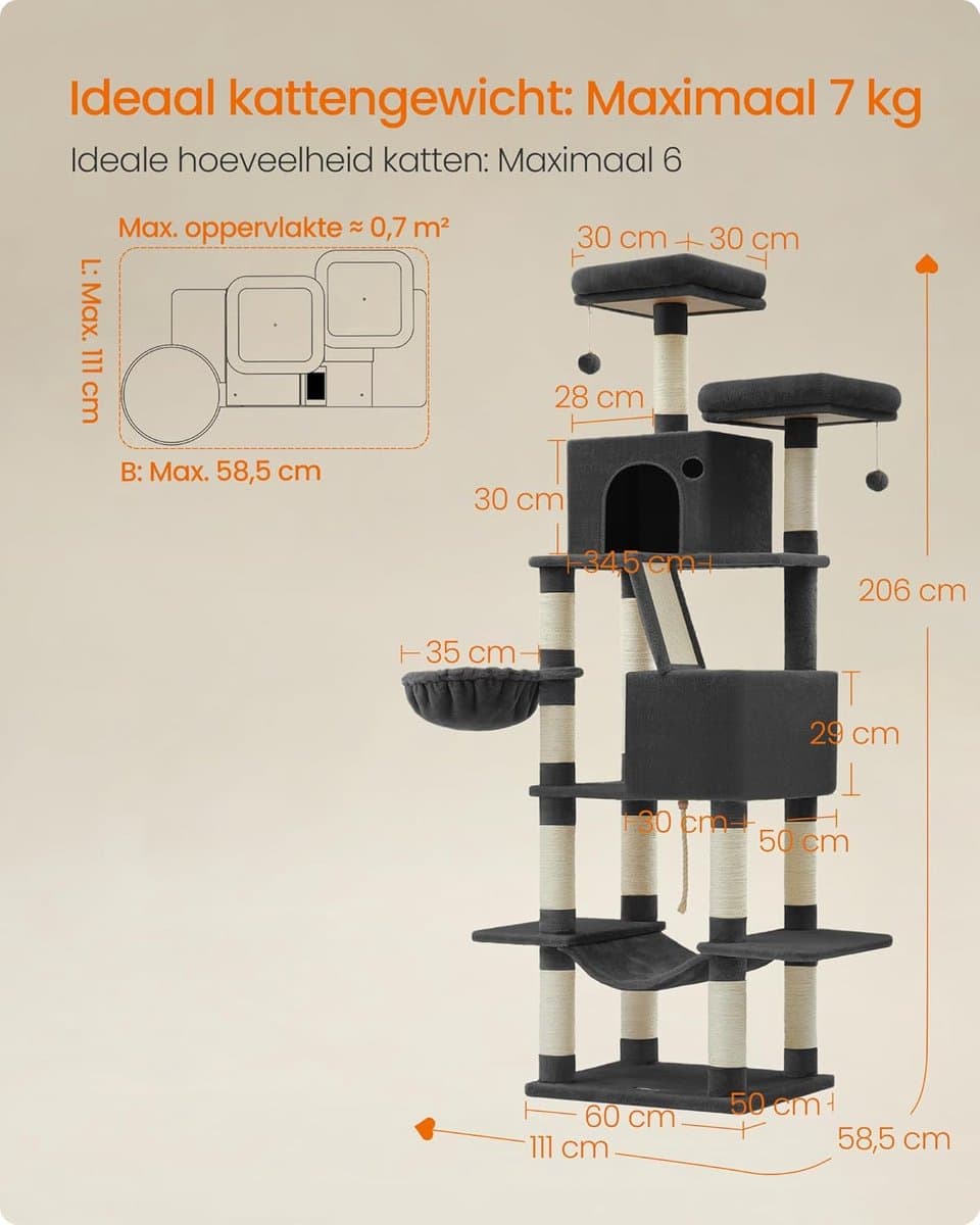 Feandrea krabpaal groot, 206 cm hoog, XXL krabpaal, met 13 krabpalen, 2 platformen, 2 grotten, mand, hangmat, pluche ballen, multi-stapel kattenkrabpaal, inkt zwart PCT190B01 thumbnail 2
