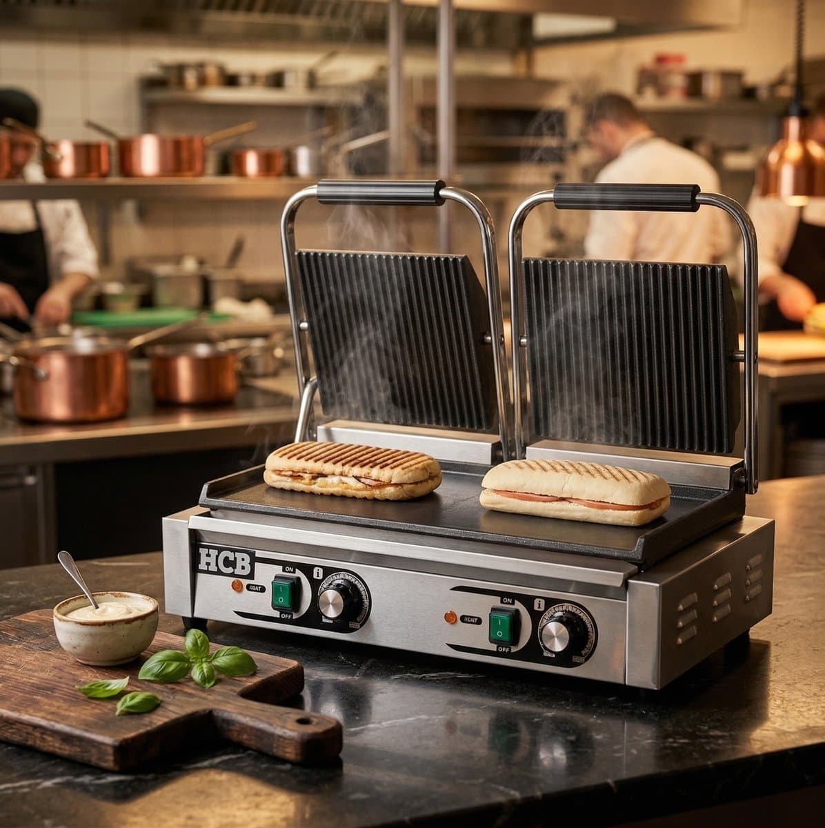 HCB® - Professionele Horeca Paninigrill - dubbel - geribbeld/glad - 230V - RVS / INOX panini grill - 30.5x56.5x20 cm (DxBxH) - 20 kg - 1701 thumbnail 6