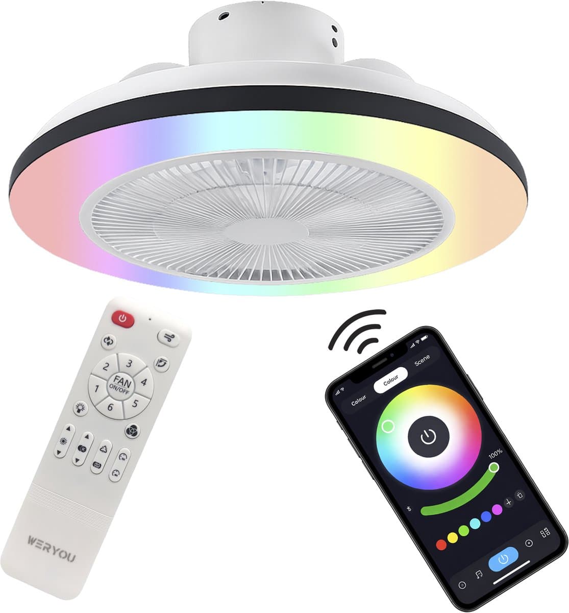 WERYOU® illuminAIR Plafondventilator - Plafonniere - Plafondventilator met Afstandsbediening - Plafondlamp - Plafond ventilator met Verlichting - Ventilator lamp - RGB Ledlamp thumbnail 6