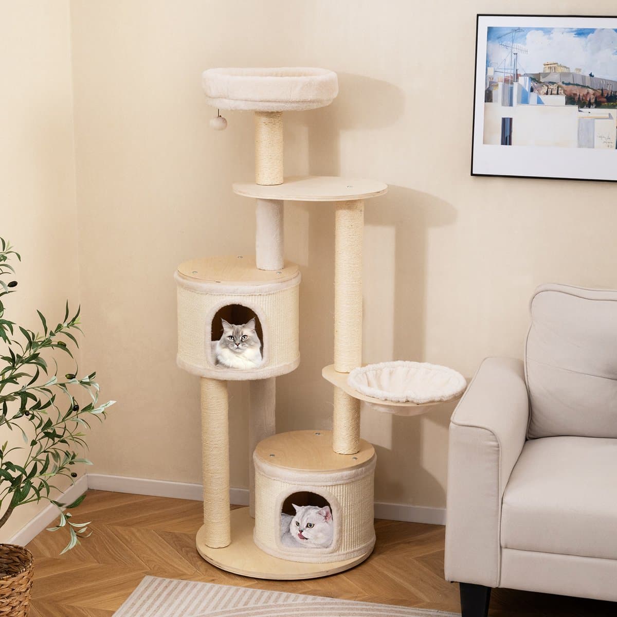 COSTWAY Krabpaal groot, kattenboom met 2 kattenholletjes, mand, sisal-krabpalen, speelbal & platform, kattenkrabpaal katten, kattenmeubel, klimboom, activiteitsboom, hout, natuur, 152 cm hoog thumbnail 5