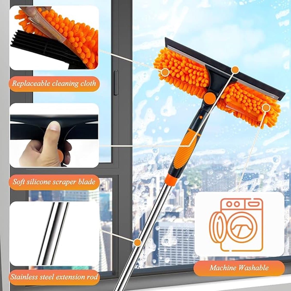 Raamwisser - Raamreiniger - trekker 40 cm met telescoopsteel 160-415 cm - Met Twee vervangende koppen thumbnail 3