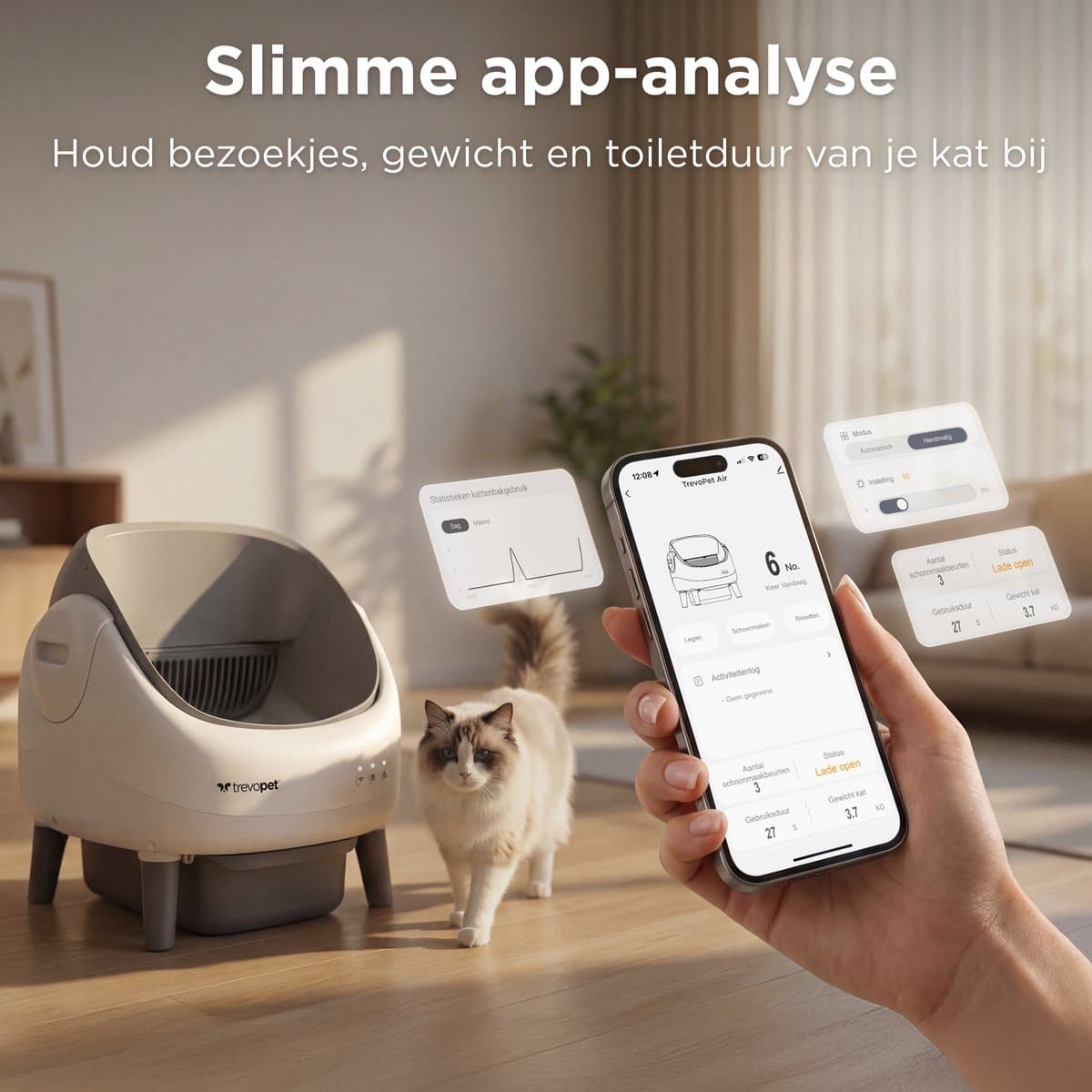 TrevoPet® Air - Automatische Kattenbak met App - Zelfreinigend & Veilig - Voor Katten tot 12KG - Incl. Mat, 60 Afvalzakjes & Accessoires - 10L Afvalbak - Wit & Grijs thumbnail 7
