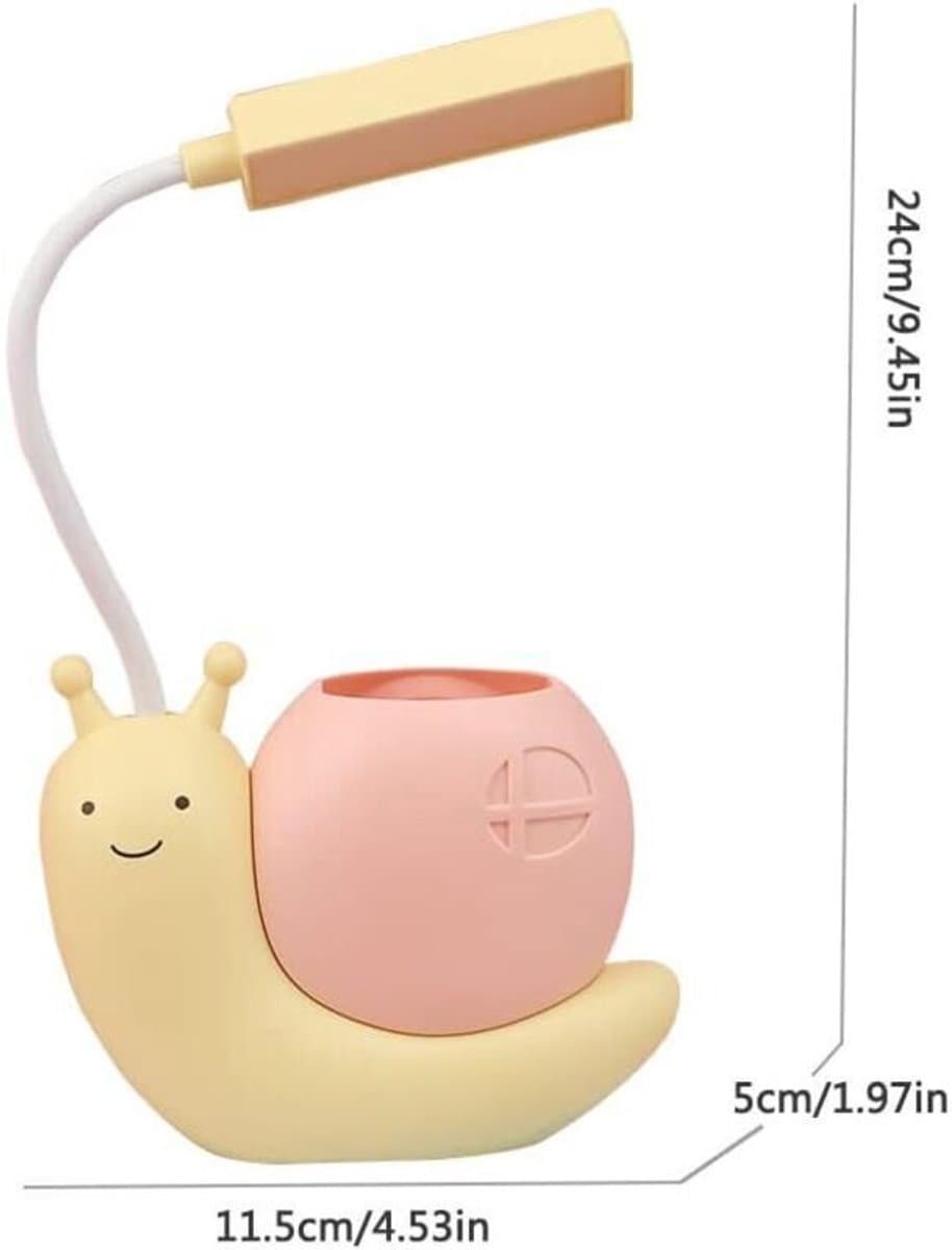 Kinder LED-bureaulamp, slakvormig, met USB-penhouder, beschermt ogen en nek, 360° verstelbaar, geel. thumbnail 2
