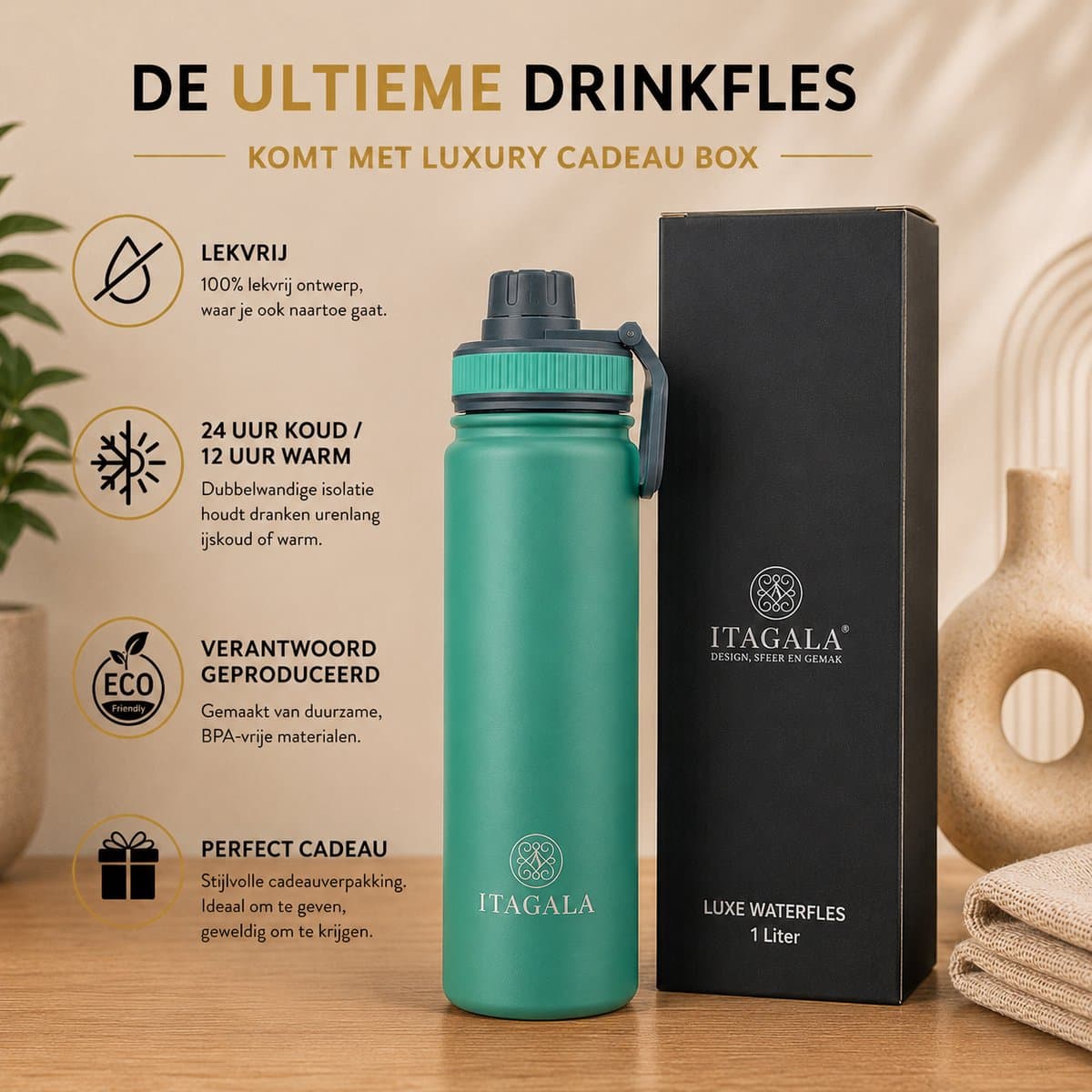 ITAGALA® Waterfles 1 Liter - Luxe RVS Thermosfles - Drinkfles - Fruit Filter - 100% Lekvrij - BPA vrij - Sport Drinkflessen Volwassenen - Isolatie drinkfles - Thermosbeker - 24uur koud/12 uur warm - Mat Groen thumbnail 4