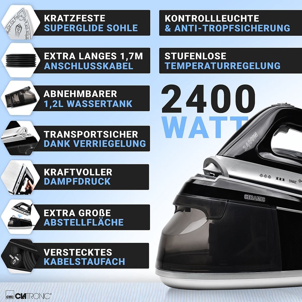 Clatronic DBS 3749 - Stoomstrijkstation met stoomstrijkijzer - 3.5Bar -1,2Liter thumbnail 4