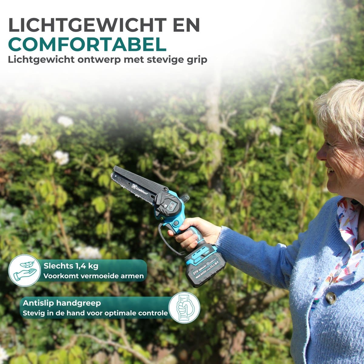 CraftRoot Elektrische Mini Kettingzaag - Draadloze Compacte Kettingzaag met Automatische Kettingsmering - Handkettingzaag - Snoeizaag - Takkenzaag - 2x 4.0Ah Accu's - Opberg Koffer - Brushless thumbnail 2