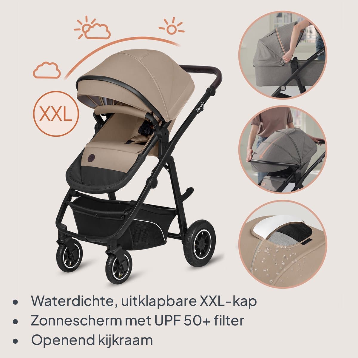 Lionelo Bianka Kinderwagen 3 in 1 - Reiswieg + Wandelwagen + Autostoel - Grote Luchtbanden, Volledige Vering - Inklapbaar - Verstelbare duwstang - Buggy Omkeerbare Zitting - 0-22kg - Accessoireset - Beige thumbnail 4