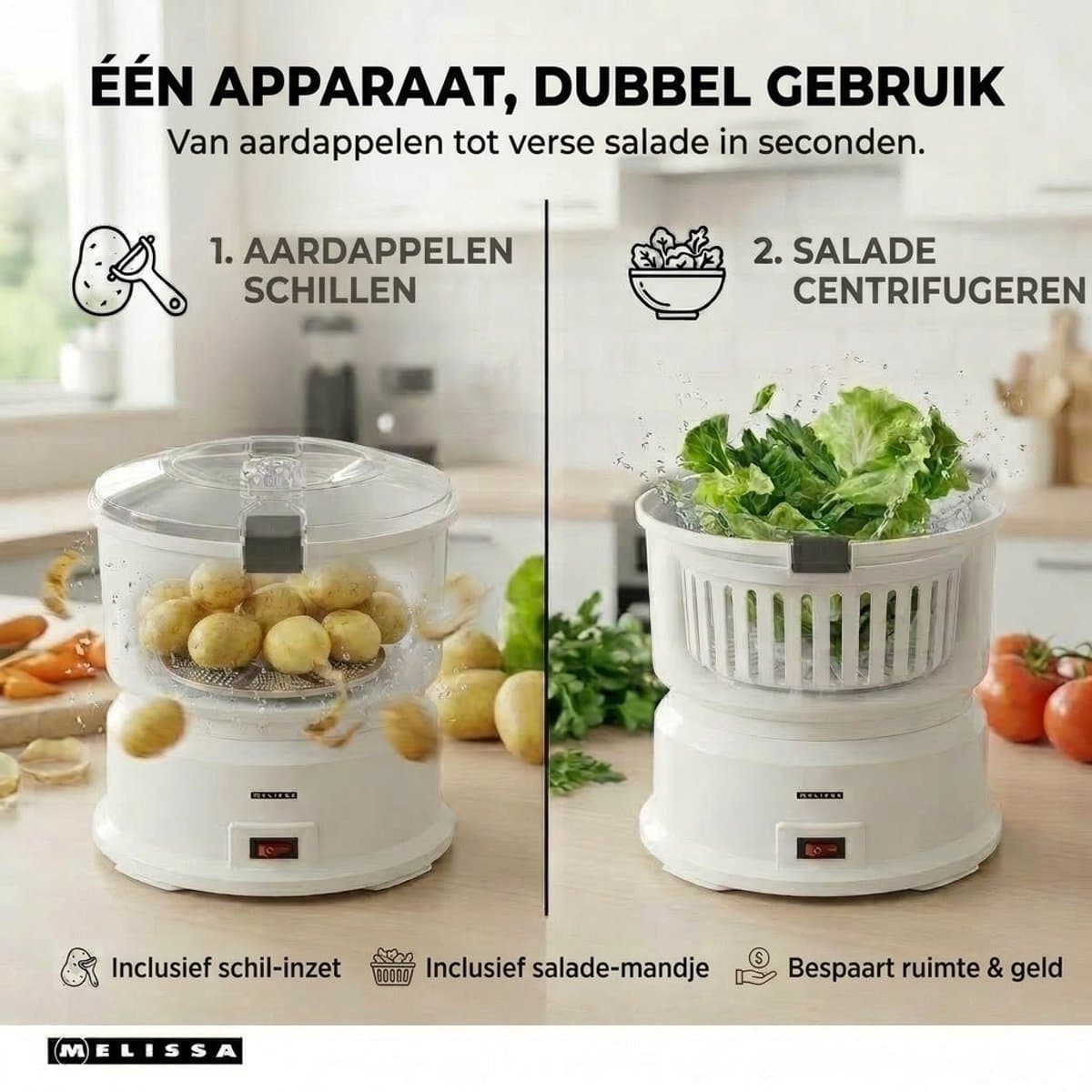 Melissa Elektrische Aardappelschiller - 85W - Aardappelschrapmachine met slacentrifuge - 16220008 - Wit thumbnail 7