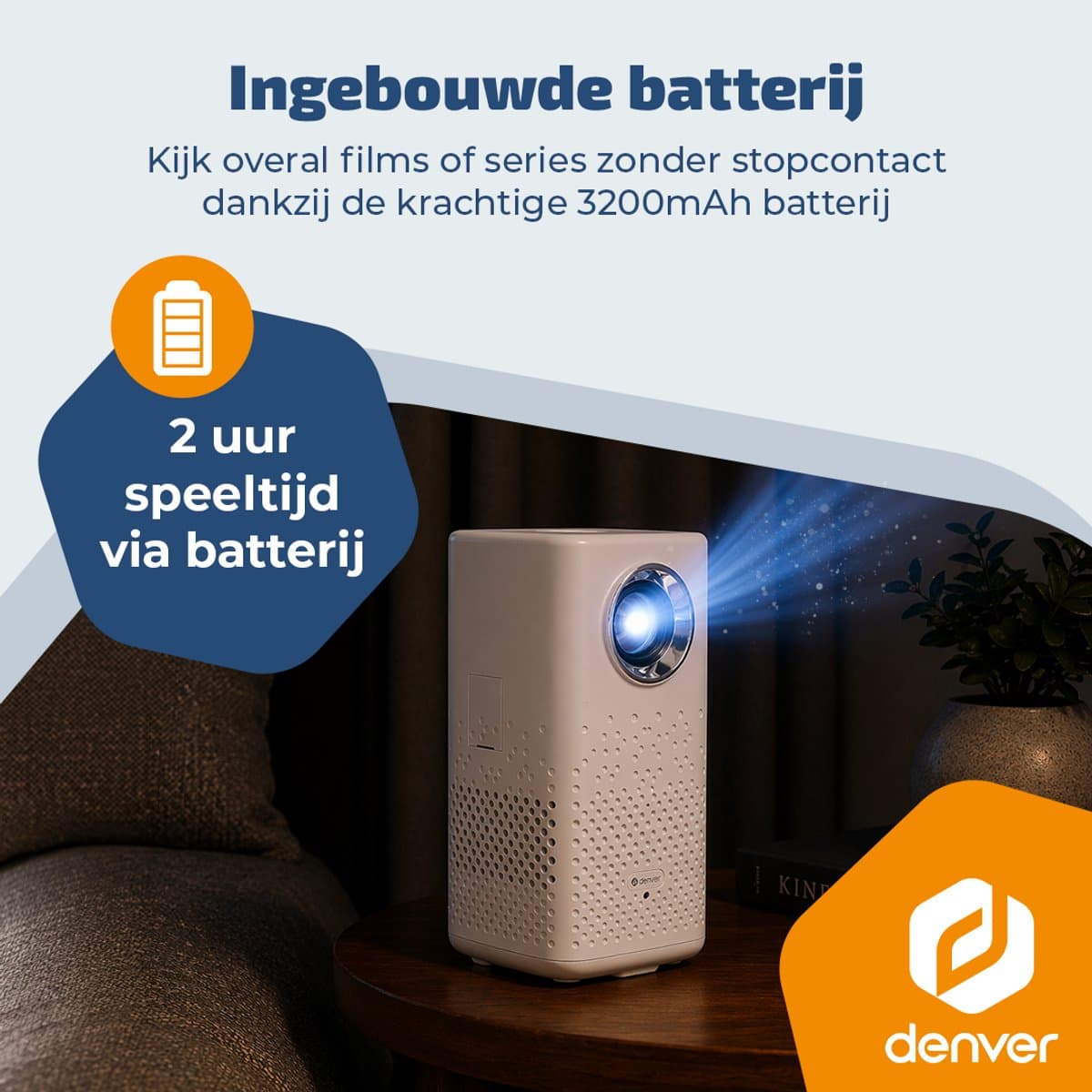 Denver Portable Beamer - 4K 3840x2160P - 150 ANSI Lumen - Projector - Ingebouwde Batterij - Thuisbioscoop - HDMI - USB-C - PR4700 thumbnail 2