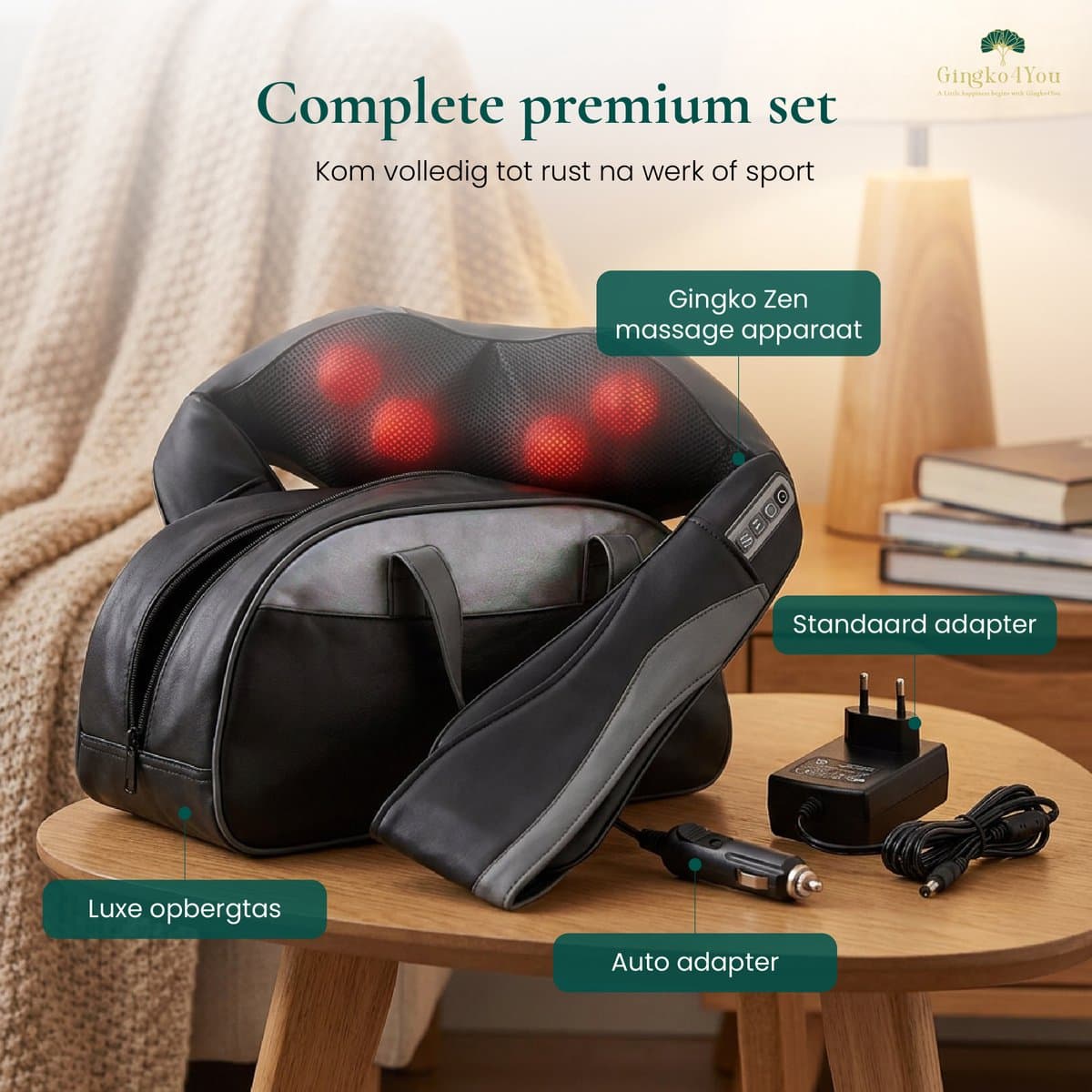 Gingko® Zen Shiatsu Massagekussen - Nekmassage Apparaat Draadloos - Infrarood Warmtefunctie - Elektrisch - Rugmassage Apparaten voor Nek, Schouder, benen, voeten, buik - 8 Massagekoppen met Infrarood - 1,5 uur gebruik - Luxe Opbergtas - Zwart/Grijs thumbnail 3