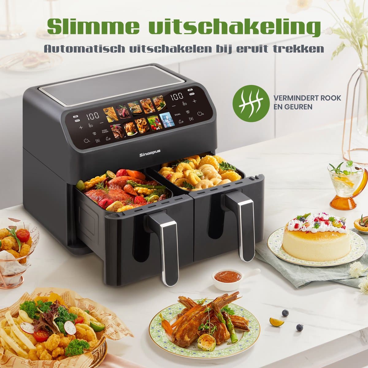 Dubbele Airfryer 901A XXL 10L - Digitale Airfryer 2×5L - 2000W - 10 Programma’s - Smart Finish & Match Cook - 80–200°C Instelbaar - Makkelijk te Reinigen – Capaciteit voor 5 Personen thumbnail 5
