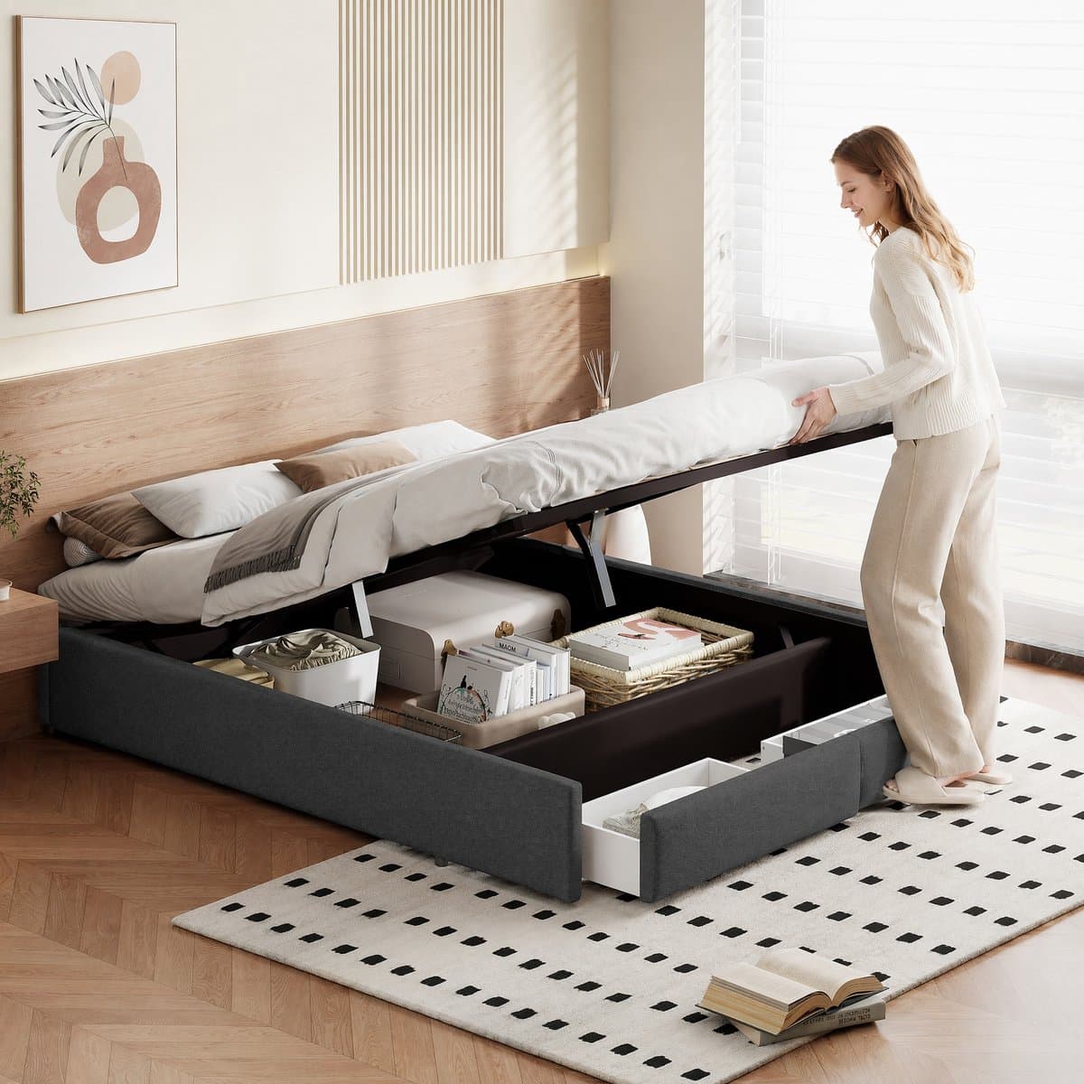 Opbergbed 160x200 cm – Grijs Linnenstof Bed met 2 Lades – Tweepersoons Bedframe met Opbergruimte – Modern Slaapkamer Bed thumbnail 8