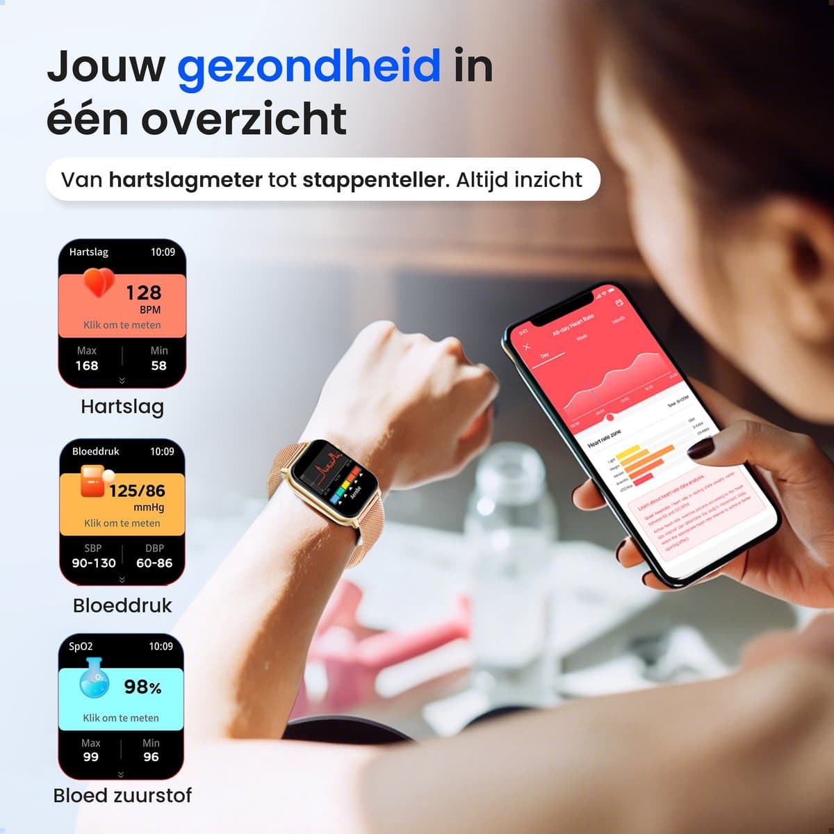 Siltcon® Smartwatch Dames Pro - Smartwatch Heren Pro - Sporthorloge Dames & Heren - Stappenteller Horloge - Hartslagmeter – Bloeddrukmeter - Slaapmonitor - Saturatiemeter - Belfunctie - Elke Smartphone - RVS - Incl. 4 Bandjes - Goud thumbnail 5