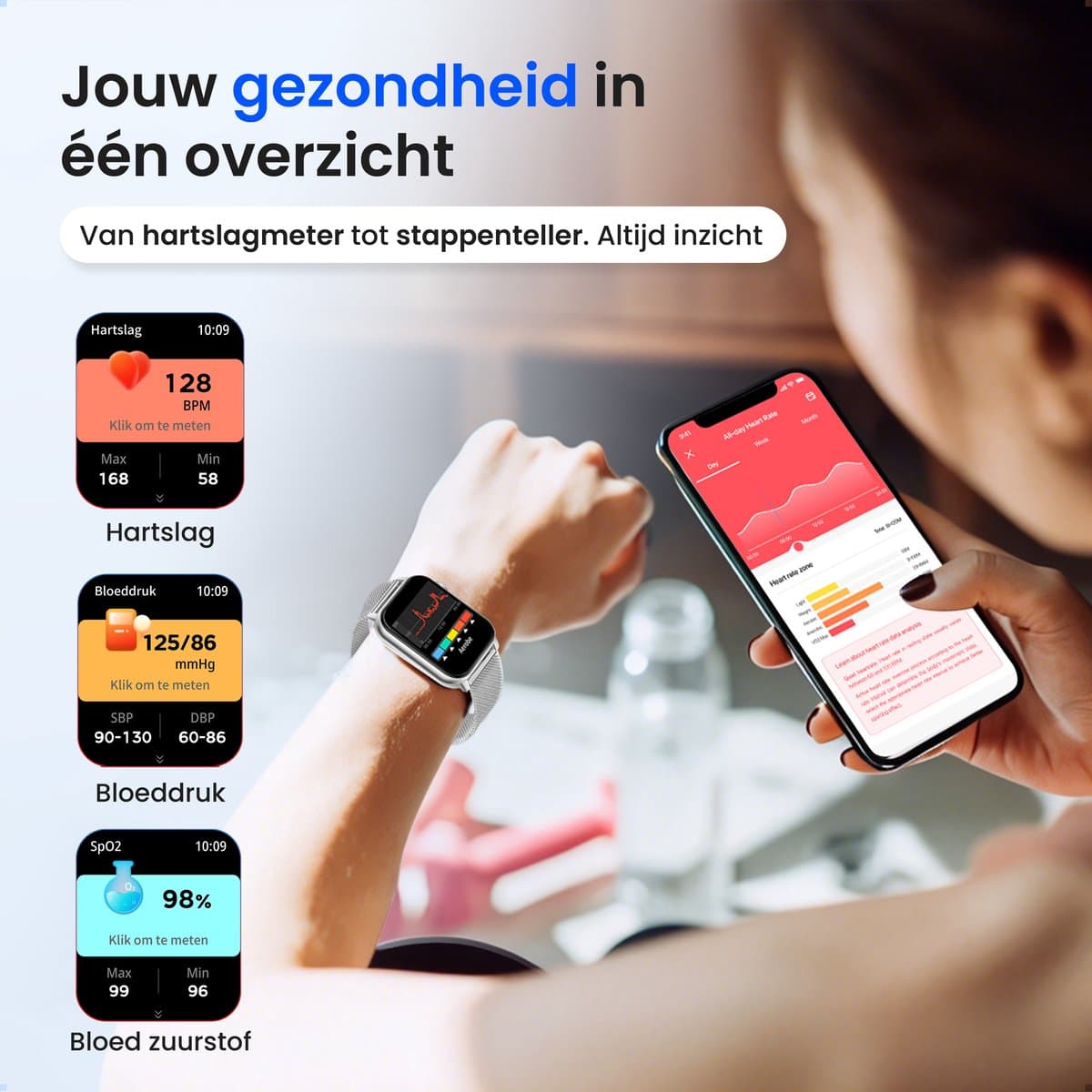 Siltcon® Smartwatch Dames Pro - Smartwatch Heren Pro - Sporthorloge Dames & Heren - Stappenteller Horloge - Hartslagmeter – Bloeddrukmeter - Slaapmonitor - Saturatiemeter - Belfunctie - Elke Smartphone - RVS - Incl. 4 Bandjes - Zilver thumbnail 5