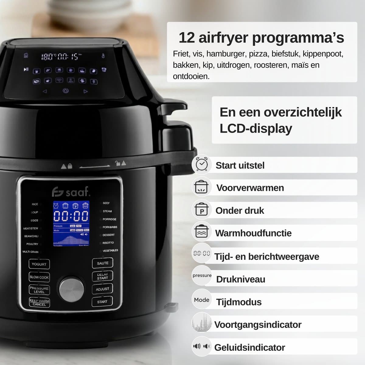 Multicooker Airfryer - 5.8L - PFAS vrij - Slowcooker met timer - Rijstkoker met stomer - Airfryer - Stomer - Snelkookpan - Saaf thumbnail 4
