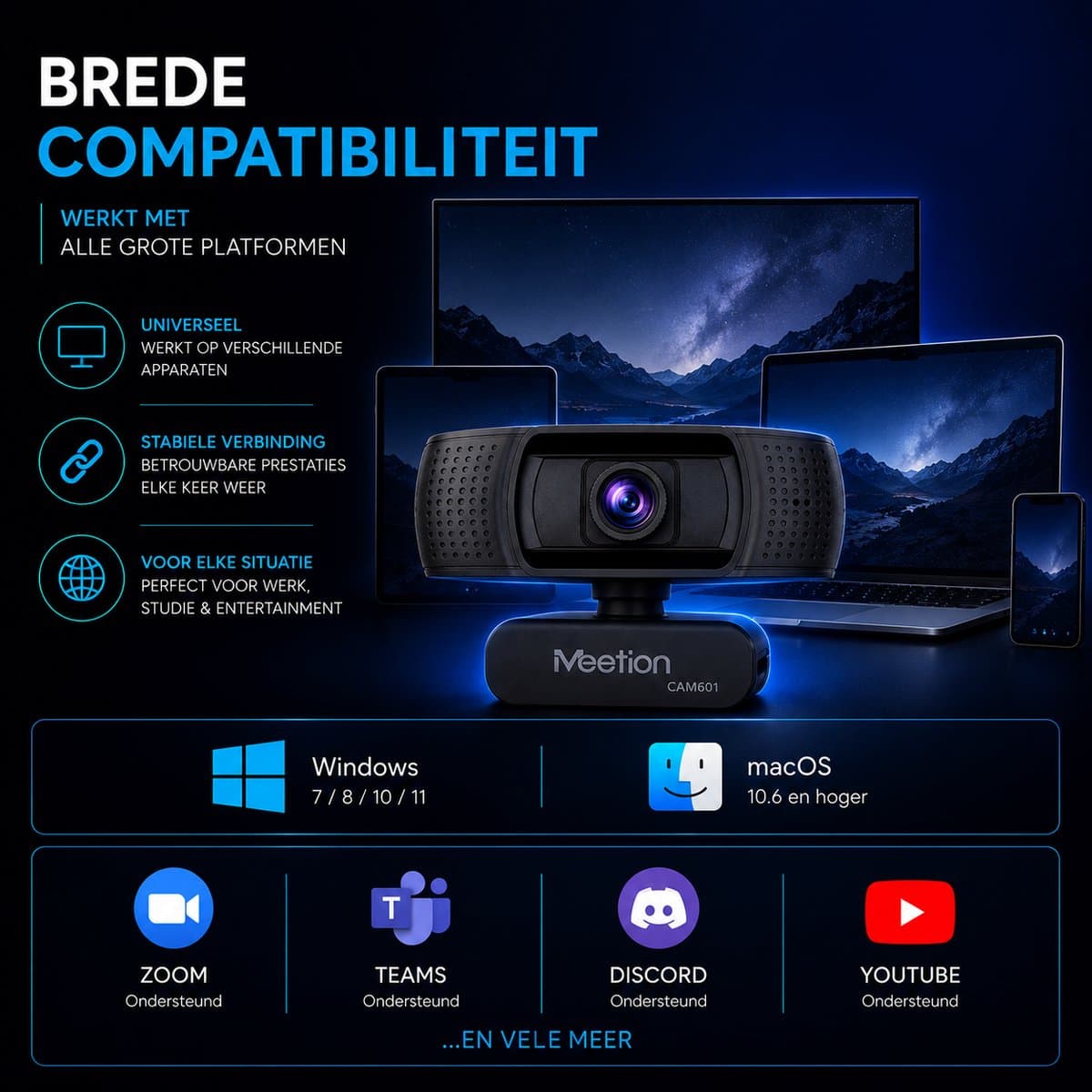 Meetion CAM601 - Webcam - Full HD 1080P - Verstelbare Focus - Clip-on Design - Universele Bevestiging - Zwart thumbnail 2