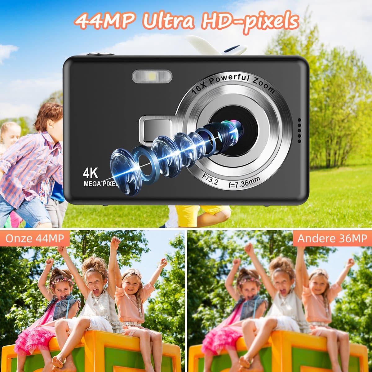 Digitale Camera - Fotocamera - Fototoestel - Vlog Camera - Compact Camera - 44MP - 1080P FHD - 16X Digitale Zoom - 2-4 Inch LCD - Inclusief 32GB SD-Kaart - Zwart thumbnail 4