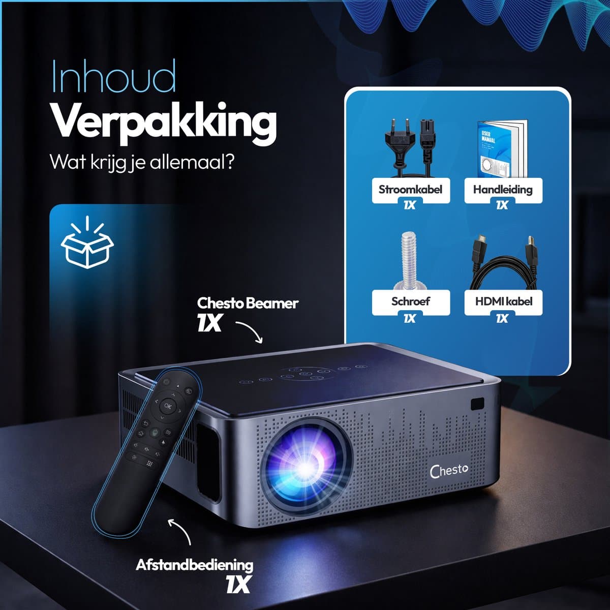Chesto Beamer Full HD PRO Android (8K-Ondersteuning) - 12.000 lumen - Dolby Audio - Autofocus - Inclusief draagtas - Streamen vanaf je telefoon met wifi thumbnail 6