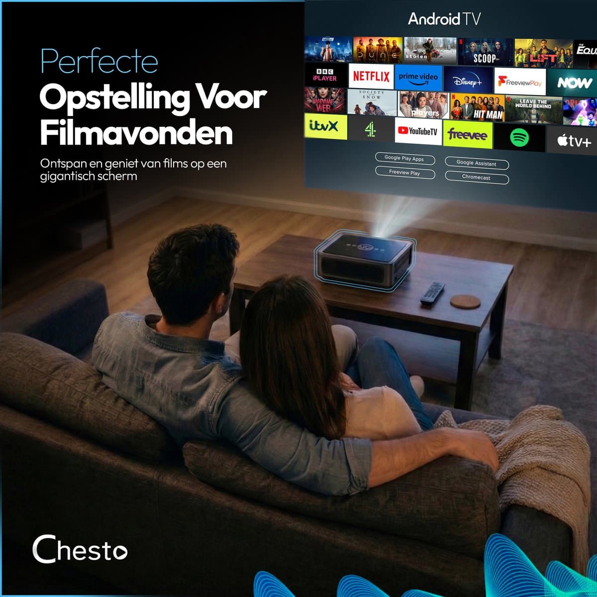 Chesto Beamer Full HD PRO Android (8K-Ondersteuning) - 12.000 lumen - Dolby Audio - Autofocus - Inclusief draagtas - Streamen vanaf je telefoon met wifi thumbnail 8