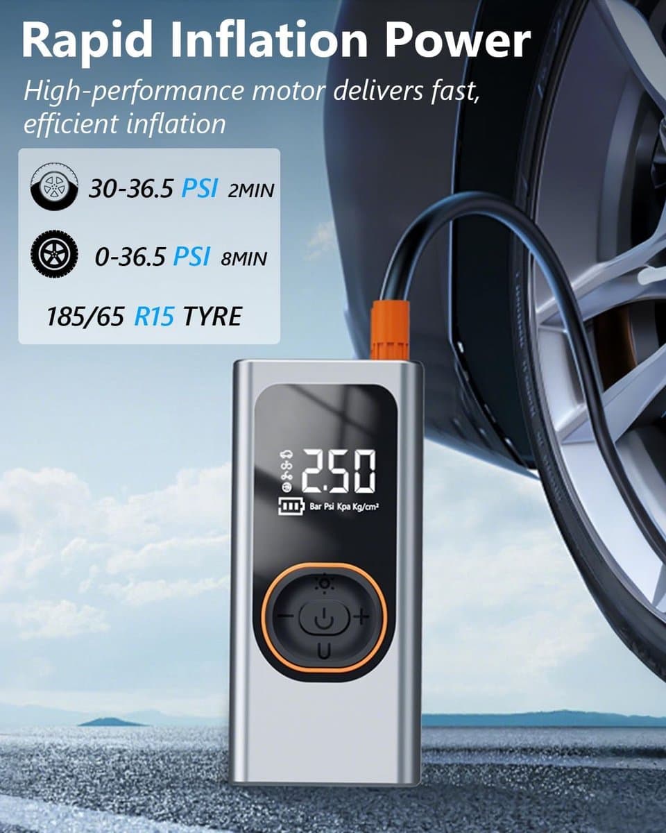 Pomp - Mini draagbaar- Elektrische Luchtpomp - Bandenspanningmeter met LCD en LED SOS - Voor Auto, Motor, Fiets en Ballen - USB Oplaadbaar - Zwart thumbnail 2