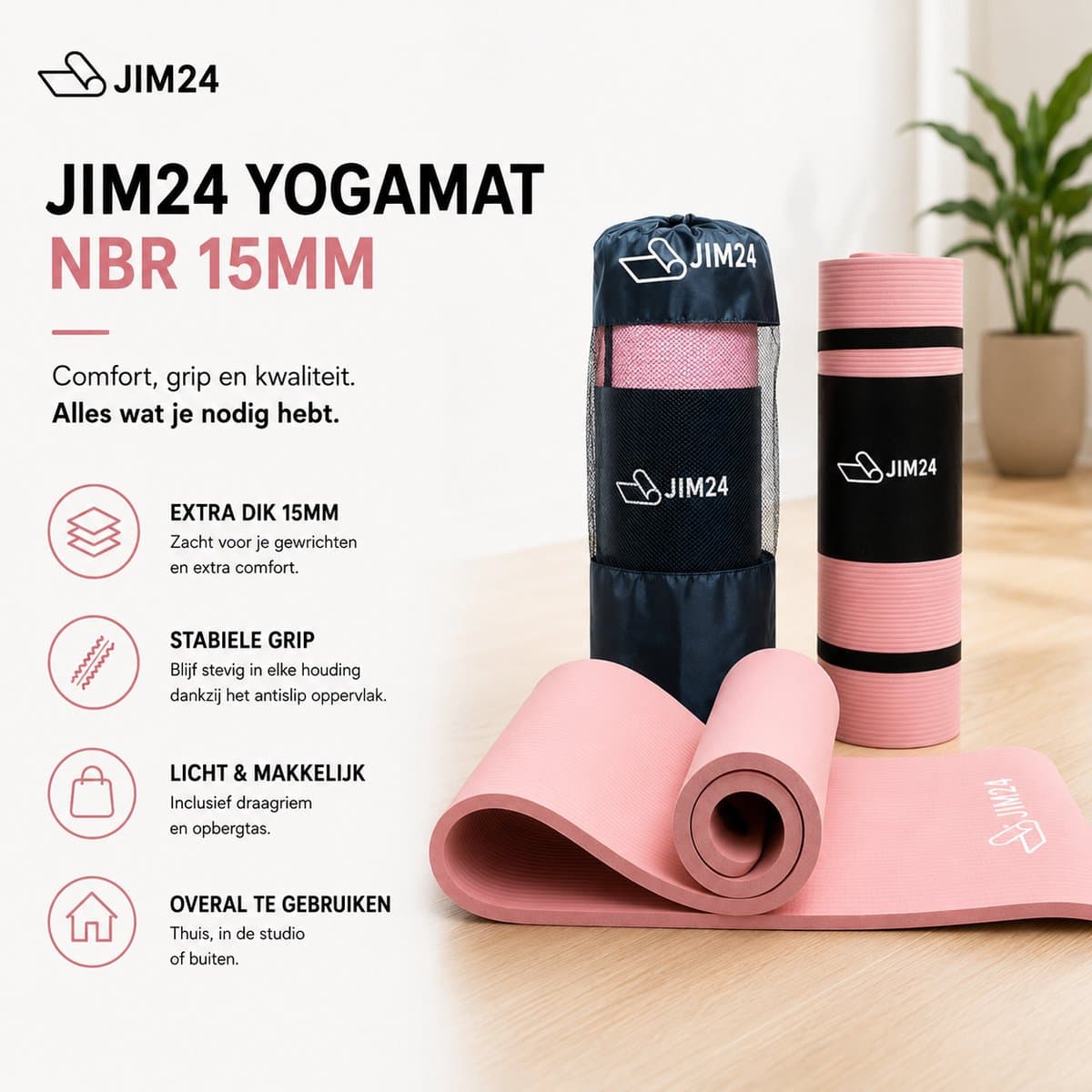 Jim24 Yoga Mat - Yogamat Extra Dik - 15 mm - Fitness Mat - Sport Mat - Antislip - Slijtvast - Incl. Draagtas - DonkerZalm thumbnail 3