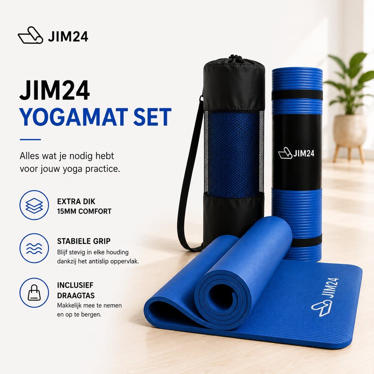 Jim24 Yogamat - Yoga Mat Extra Dik - 15 mm - Fitness Mat - Sport Mat - Antislip - Slijtvast - Incl. Draagtas - Blauw thumbnail 3