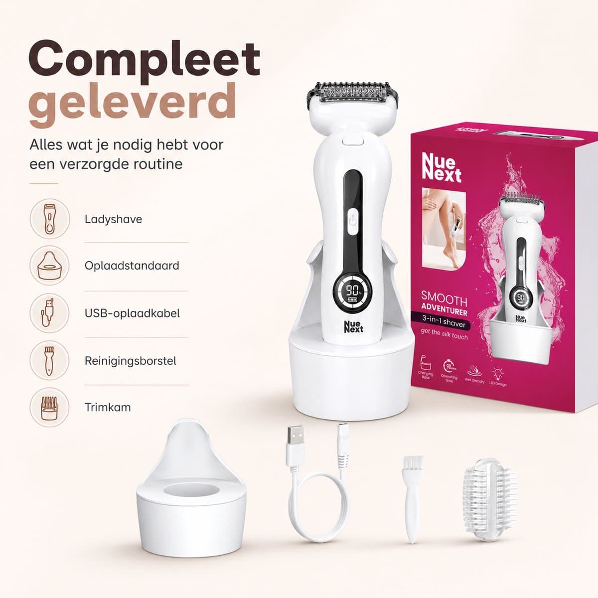 NueNext 3 in 1 Ladyshave Voor Vrouwen Gezicht - Oksels - Benen - Bikinilijn - Scheerapparaat Vrouw - Trimmer dames - Ladyshaves Bikinitrimmer - Oplaadbaar thumbnail 7