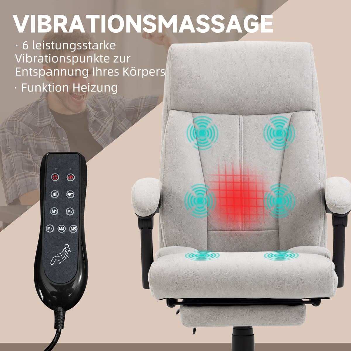 MIVRAY Bureaustoel Met Massagefunctie En Lendenverwarming - Ergonomische Relaxstoel Voor Bureau En Thuiswerk - Lichtgrijs - Polyester thumbnail 3