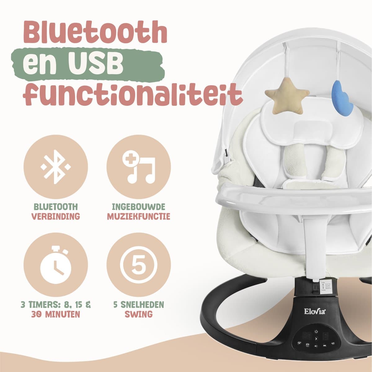 Elovia®Elektrische Baby Wiegschommel - Wipstoel - Babyschommel- Baby Swing- 5 Punts Gordel - Schommelstoel thumbnail 7