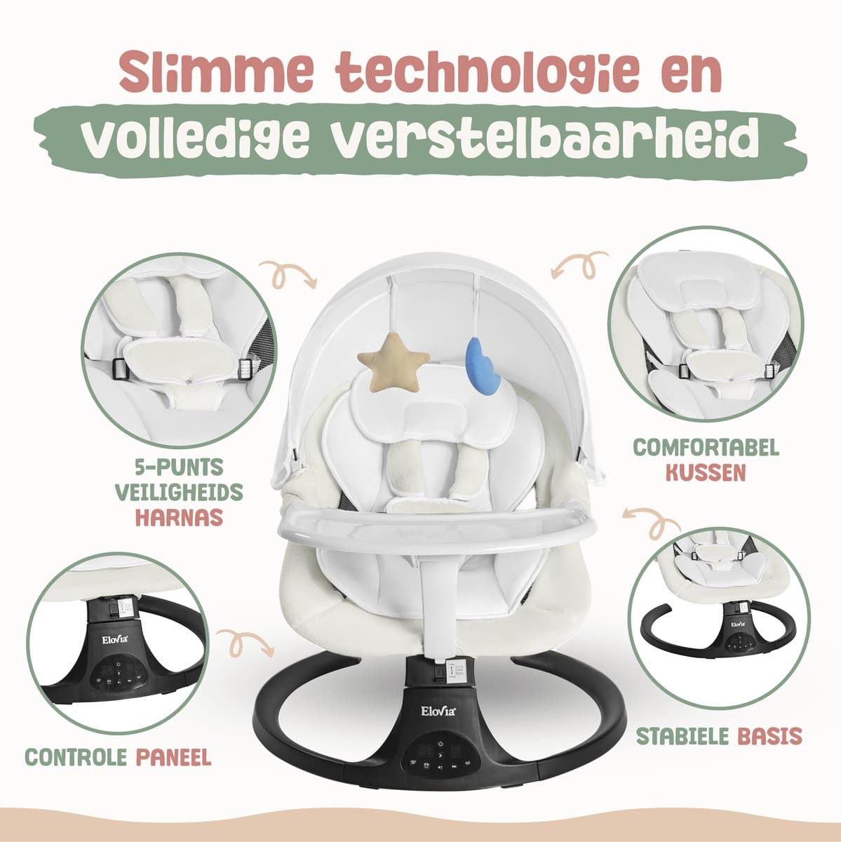 Elovia®Elektrische Baby Wiegschommel - Wipstoel - Babyschommel- Baby Swing- 5 Punts Gordel - Schommelstoel thumbnail 8