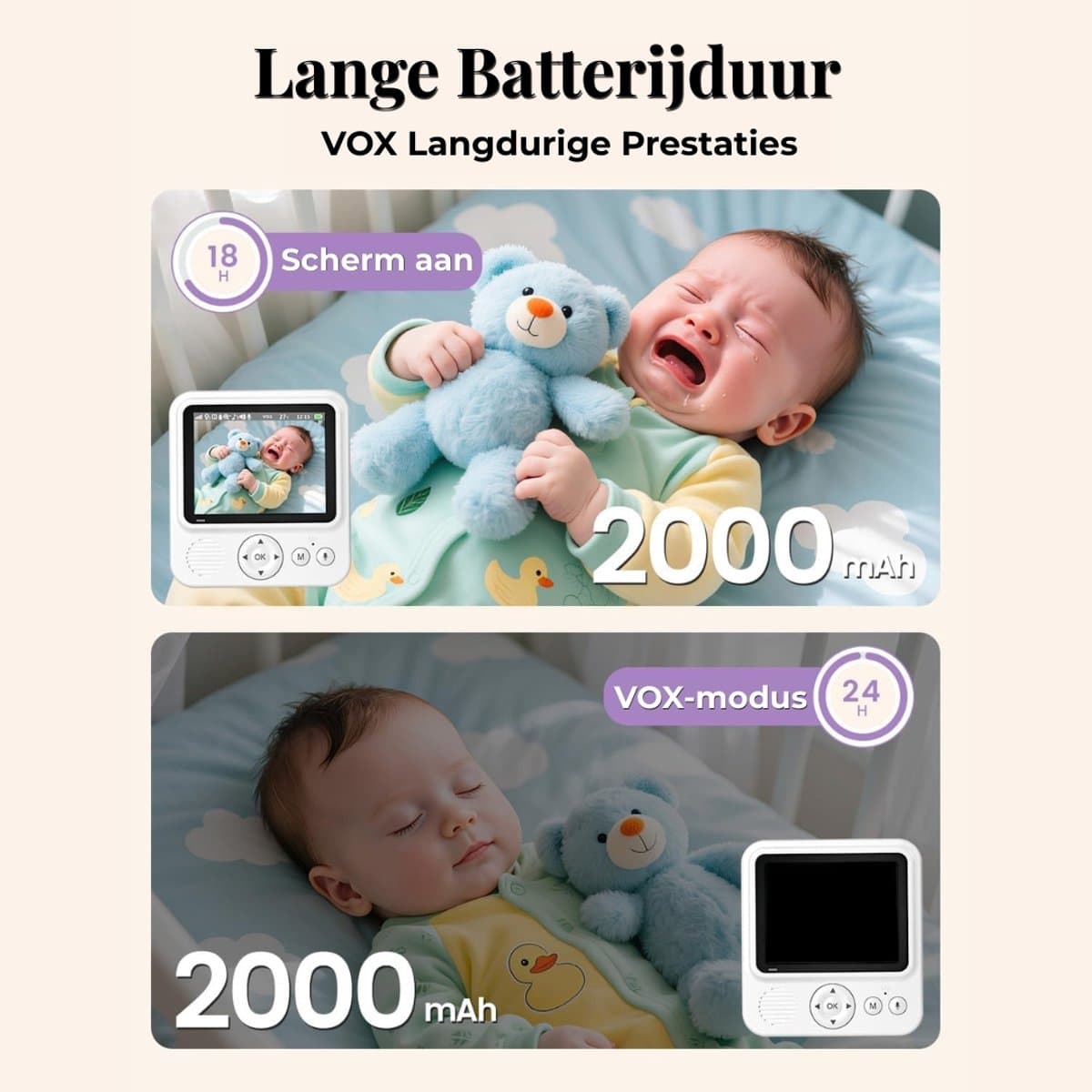Babyfoon met camera 720p IPS-video, babyfoon zonder wifi, 2000mAh-batterij, VOX-modus, nachtzicht, temperatuuralarm, intercomfunctie, digitale zoom, 8 slaapliedjes en 5 wekkers. thumbnail 8