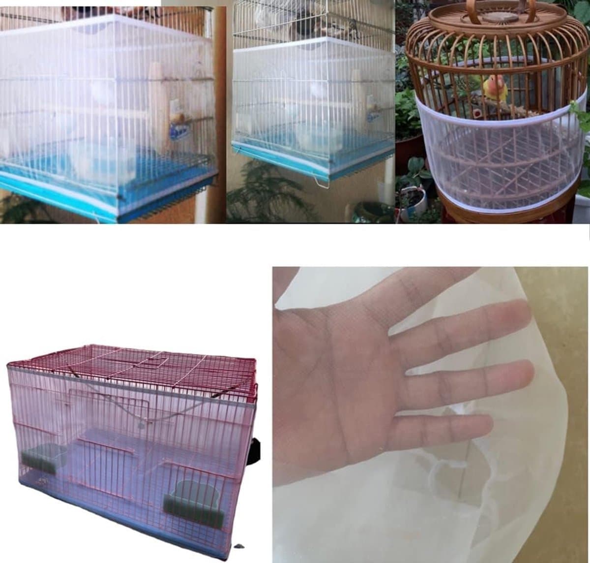 Pack van 2 - Vogelkooi Deksel - Vogelkooi Deksel met Elastische Band - Gaas Zaadvanger voor Vogels en Kleine Dieren - Voor Papegaaien en Parkieten - Ronde en Vierkante Kooi (L, Zwart + Wit) thumbnail 2